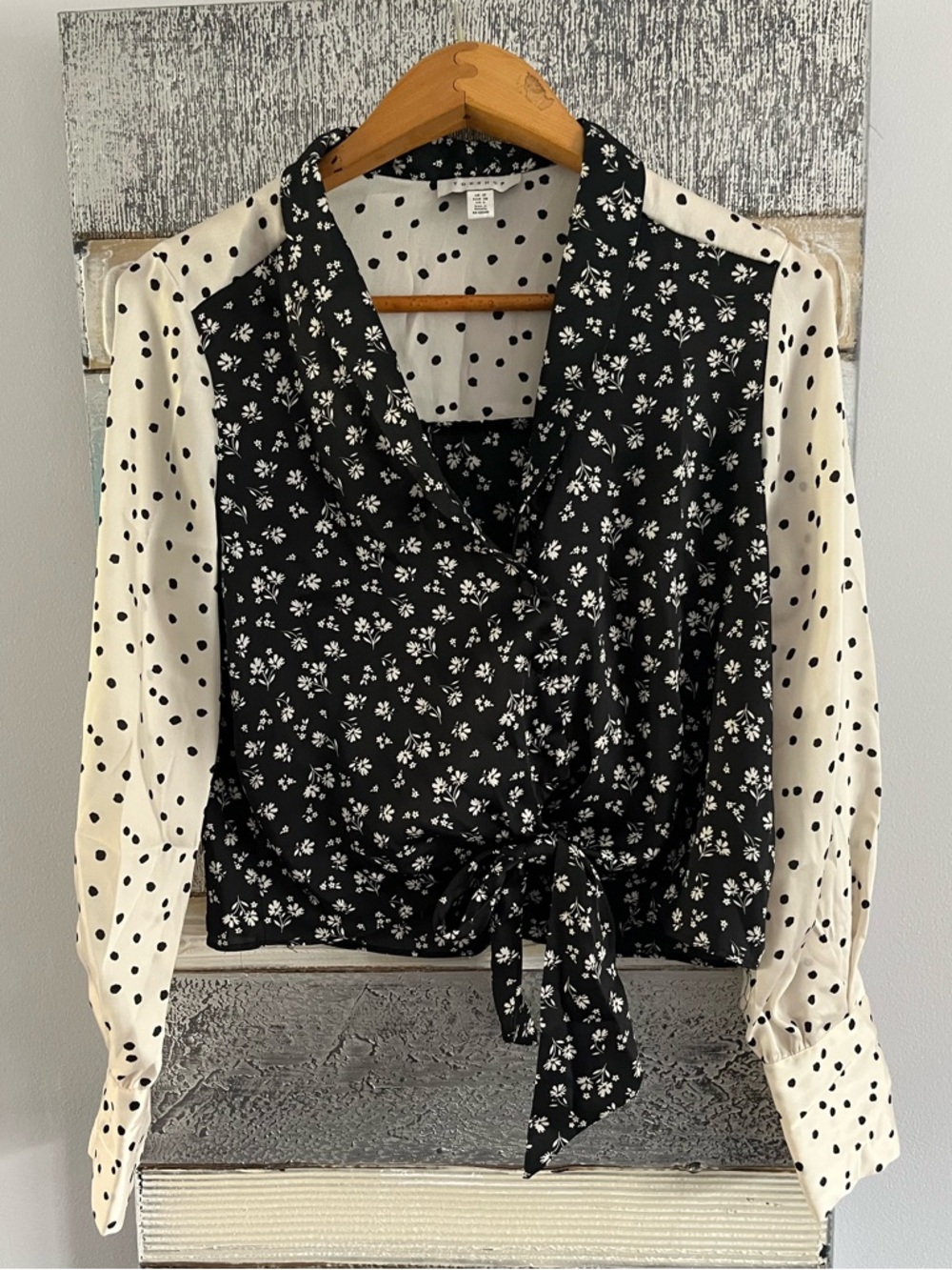 Topshop Black & Ivory Floral Polka Dot Tie-Front Blouse